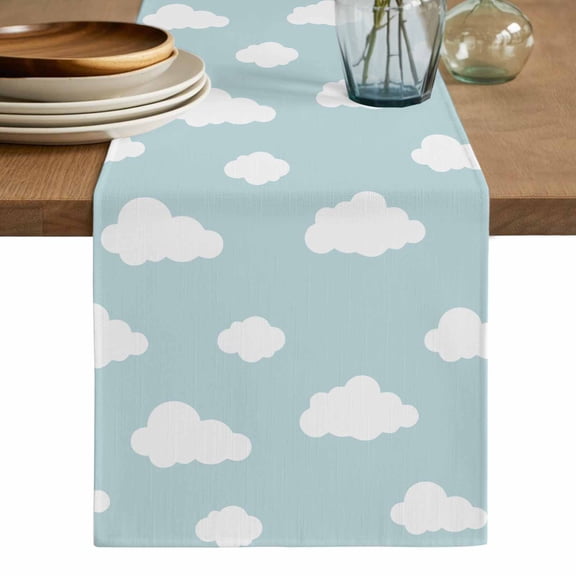 Clouds Table Runner, Cartoon Blue Sky Minimalist Aesthetic Washable Cotton Linen Table Runners 90 Inches Long, Dresser Scarf Runner for Dining/Coffee/Kitchen/Hallway Tables 13''x90''