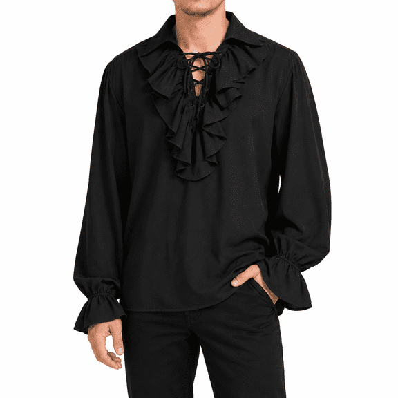 Dpjklzsn Men's Medieval Renaissance Ruffle Shirt, Lace-Up Collared Bishop Sleeve Vintage Costume Top