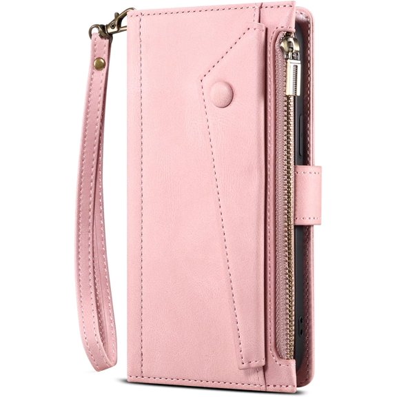 Wallet Case for Galaxy S25 Plus with RFID Blocking Card Holder, PU Leather Magnetic Flip Zipper Phone Cover - Pink