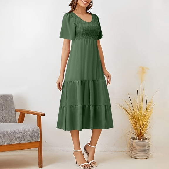Womens Dress Summer Fashion Leisure Vacation Solid Color Short Sleeve V-neck Drawn Dress Party Dresses