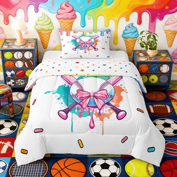 Erosebridal Drip Rainbow Baseball Twin Comforter Sets, Cute Sport Bedding Set for Girls, Polka Dots Reversible 2-Piece, 1 Comforter and 1 Pillowcase