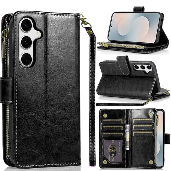 TJS for Samsung Galaxy S25 FE Phone Case, Luxury Wallet Card ID Zipper Money Holder Cover for Samsung S25 FE (Black)