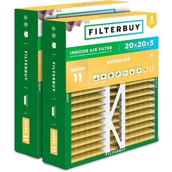 Filterbuy 20x20x5 MERV 11 Allergen Defense, Pleated HVAC AC Furnace Air Filters for Honeywell FC100A1011, Lennox X0585 & More (2-Pack)