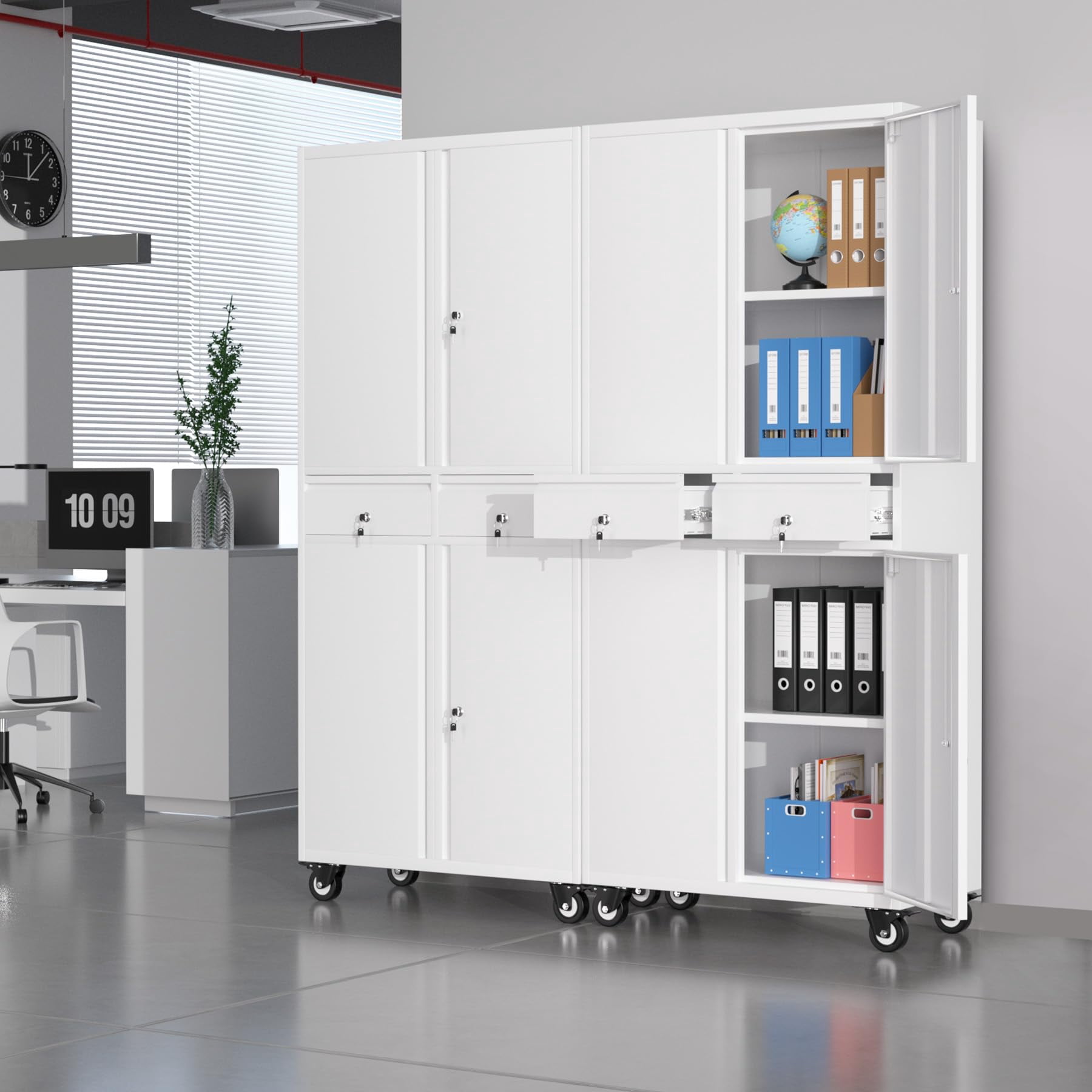 Heavy Duty 73'' Metal File Cabinet for Office & Workshop, 2 Drawers, Locking Doors, Adjustable Shelves, Mobile Wheels, Secure Steel Storage Cabinet