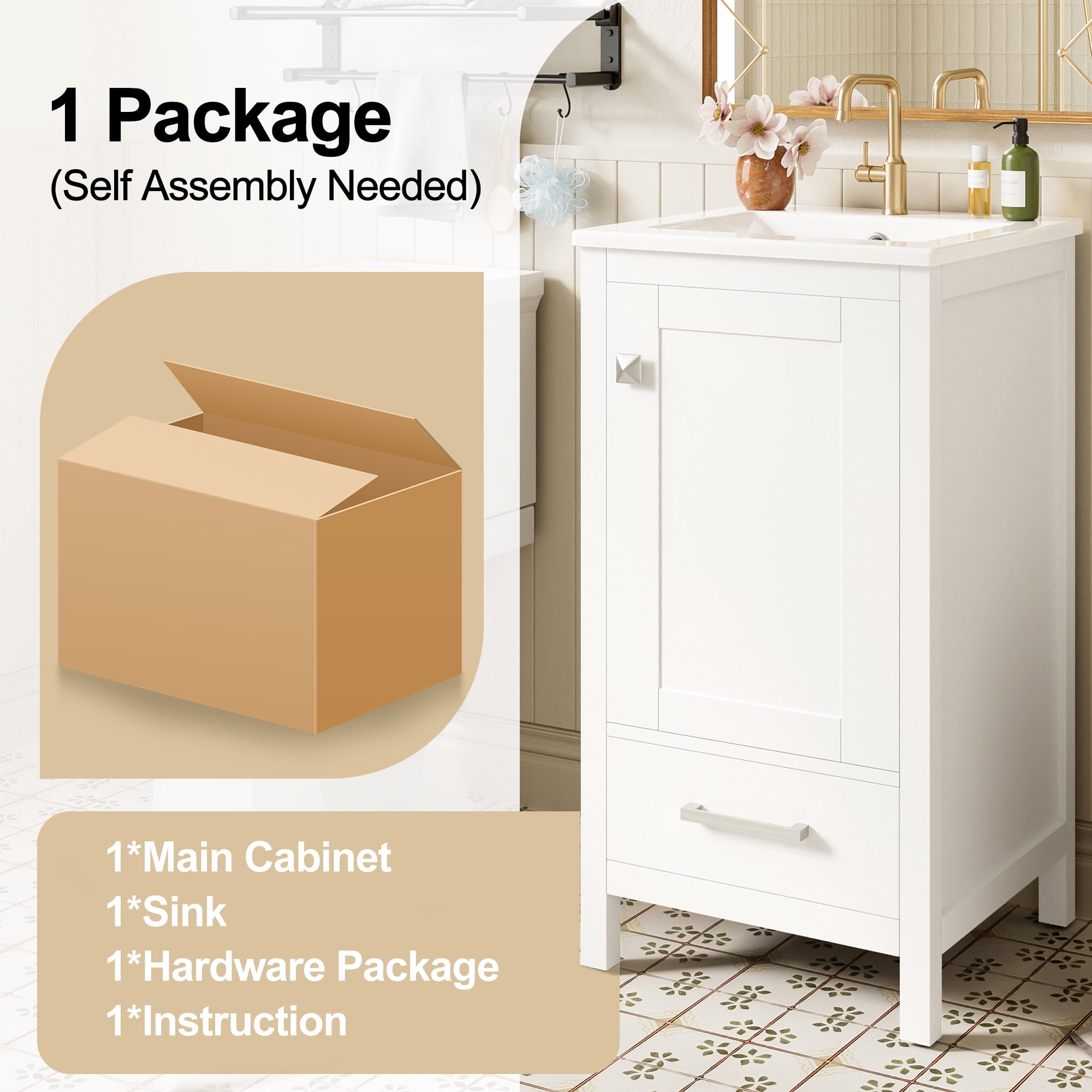 18" Sturdy Wood Small Bathroom Storage Cabinet, Bathroom Organizer Cabinet with Soft Close, Compact Vanity Unit for Small Spaces with Ceramic Sink for Bathroom, White