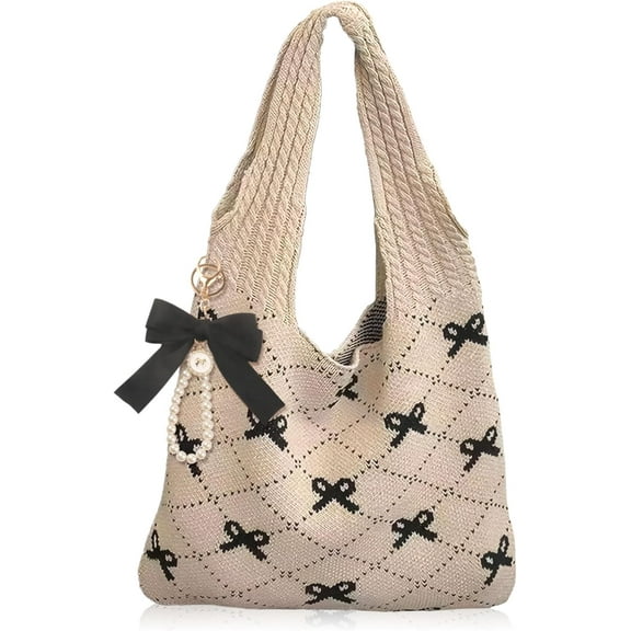 Pink Crochet Tote Coquette Bow Aesthetic Hobo Bag for Women Beach Mesh Knitted Shoulder Bag Boho Shoulder Handbag