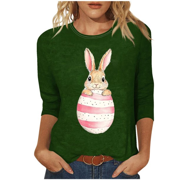 Tops de Cuello Redondo para las Mujeres Pascua Impresa 3/4 Mangas Blusa, Ligera Imitación Algodón Top Casual