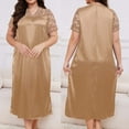 thumbnail image 2 of Women's Satin Nightgown, Plus Size Solid Color Lace Neckline Short Sleeve Lace Nightdress Sleepwear Pajama Shirts for Women Khaki 4XL, 2 of 5