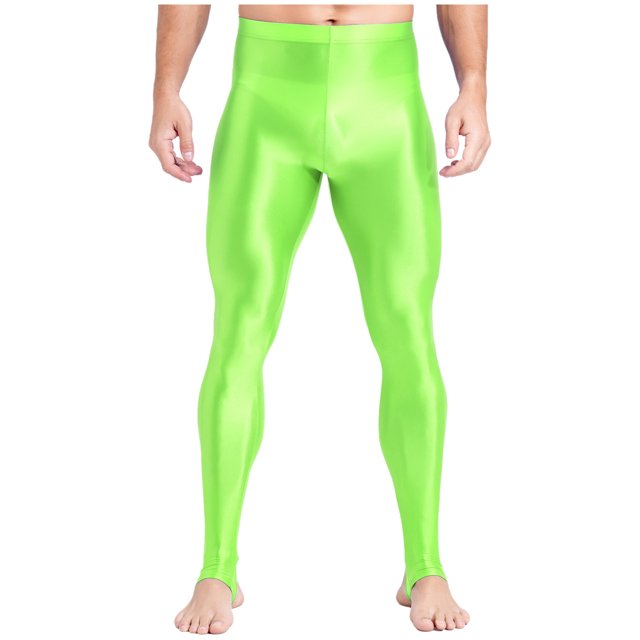 YUUMIN Men's Shiny Compression Pants Oil Glossy Stretchy Workout Sports Base Layer Trousers Fluorescent Green A L