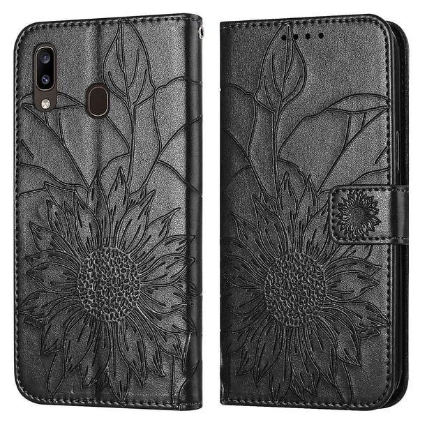 Funda tipo cartera con girasoles grabados para Samsung A40, elegante, multifuncional y con protección total.