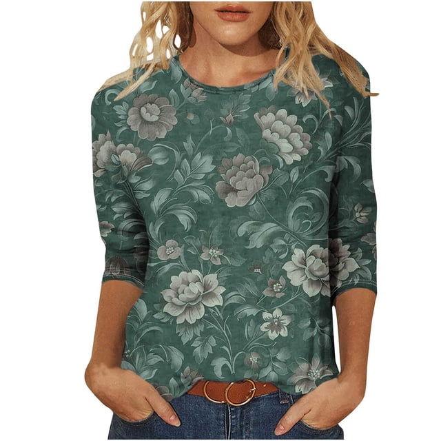 Tnhcen T-Shirts Graphiques Basiques à Manches 7/8 Col Rond Vintage pour Femmes Automne - Grande Taille T-Shirts Amicaux Automne P-5TG