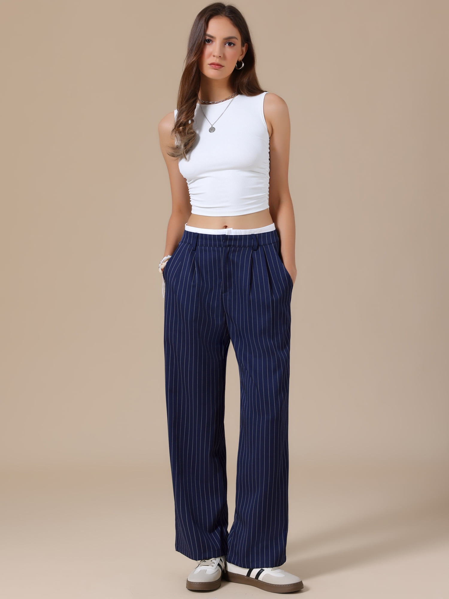 DARING DIVA Women's Striped Wide Leg Casual Work Long Pants Small Navy Blue