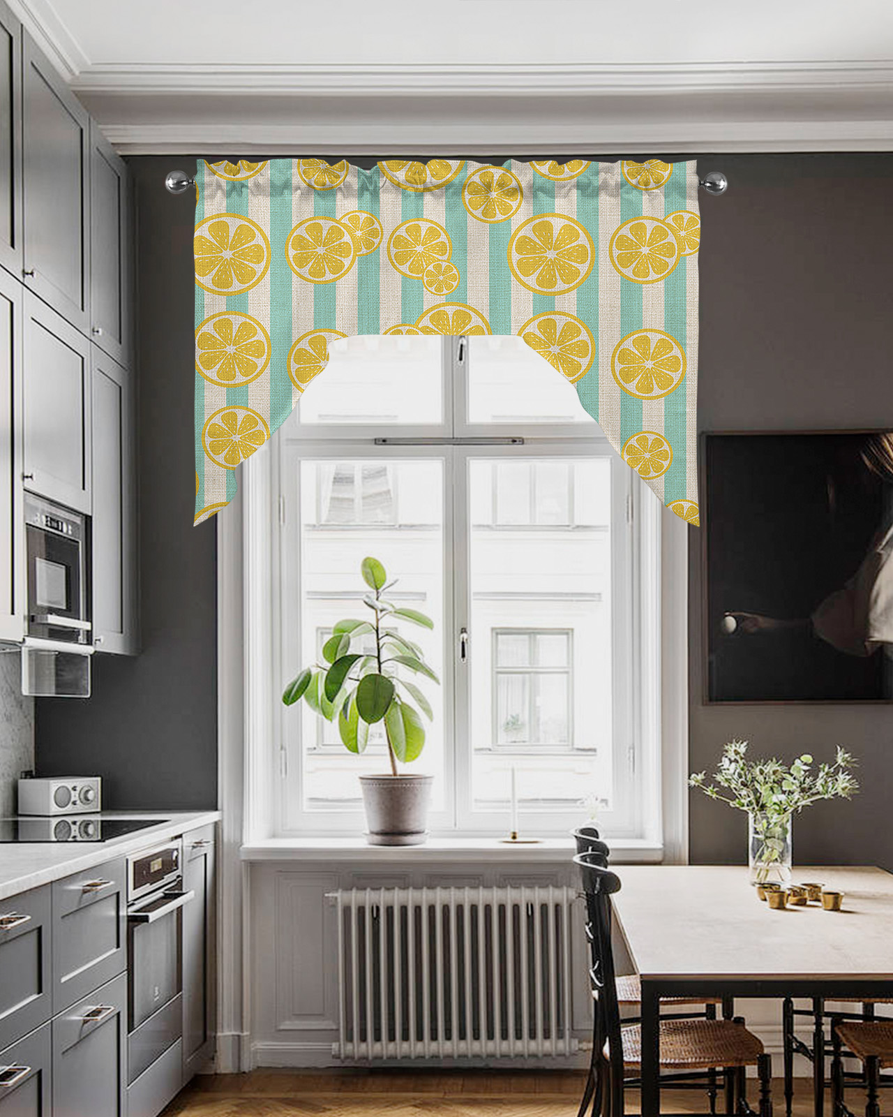 Yellow Lemon Swag Valance and Tier Curtains Set Teal Stripes Linen Background Kitchen Curtains 3 Piece Set Rod Pocket Panels for Bedroom Cafe 56x36 inch
