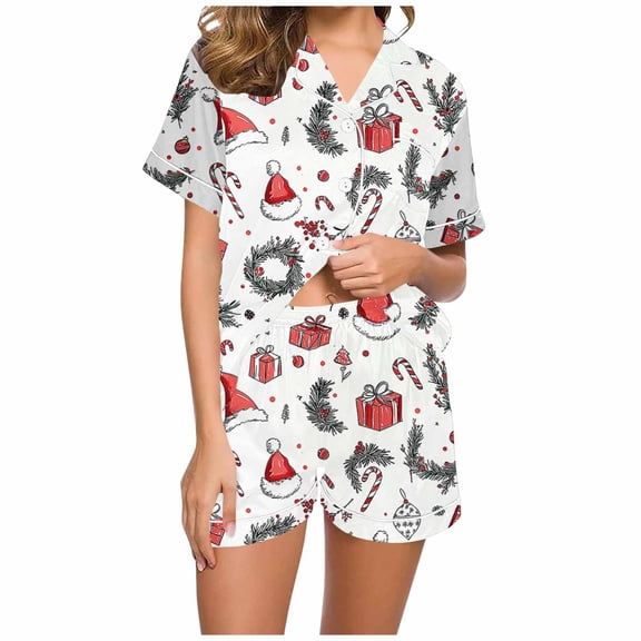 asdoklhq Womens Christmas Pajamas Women Christmas Printed Stand Up Collar Pocket Short Sleeved Top Shorts Home Wear Pajama Set White 2X
