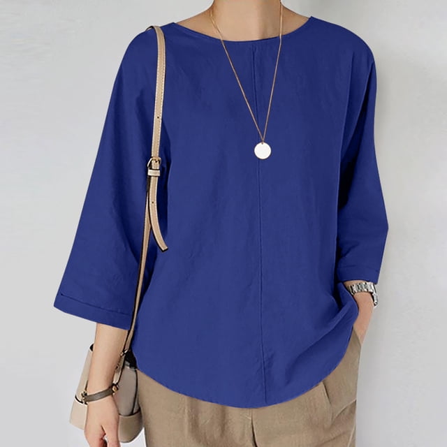 Meichang Hauts à Manches 3/4 pour Femmes Col Rond Uni Blouses en Coton et Lin Grande Taille Coupe Ample Hauts d'Été Décontractés T-Shirts Basiques Légers Pull