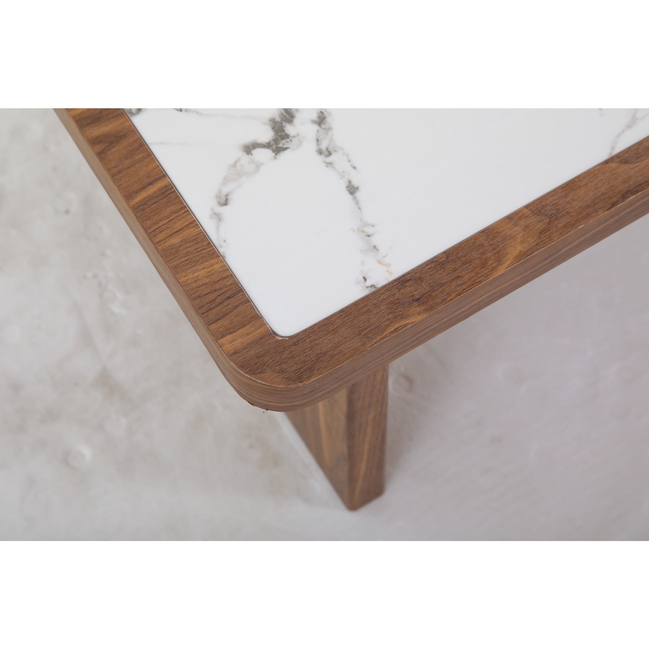 Noble House Ordis 47" Rectangular Sintered Stone Coffee Table with Wood Veneer Frame & Wide Panel Legs, White & Walnut
