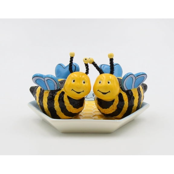 2-Inch Ceramic Bee Salt and Pepper with Honeycombed Tray, Yellow