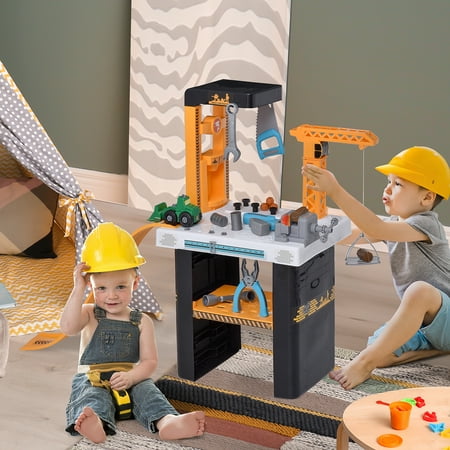 Qaba 54 Pieces Kids Tool Workbench, Toddler Pretend Play Construction Tool Toy with Cars and Slides for Ages 3+