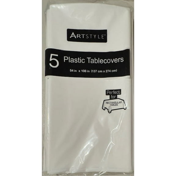 Artstyle Rectangular Plastic Table Cover, 54"W x 108"L, White, 5 ct