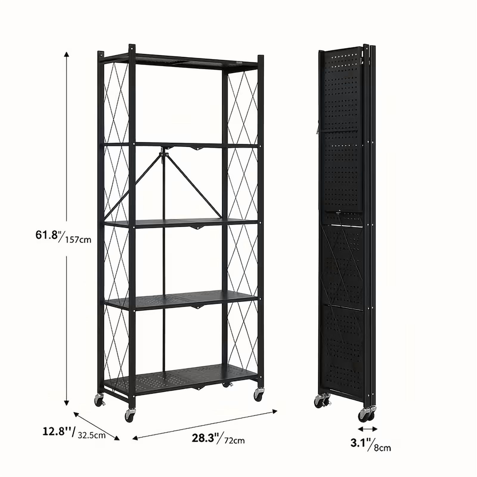 Heavy Duty Foldable Metal Storage Rack with Wheels, 5 Tier, No Installation, Removable Shelves, Black - Utility Shelving for Garage, Kitchen, Living Room, Study, Basement