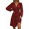 thumbnail image 3 of Women Fall Dresses Casual Long Sleeve Deep V Sexy Dress A-line Elastic High Waisted Flowy Dress, 3 of 7