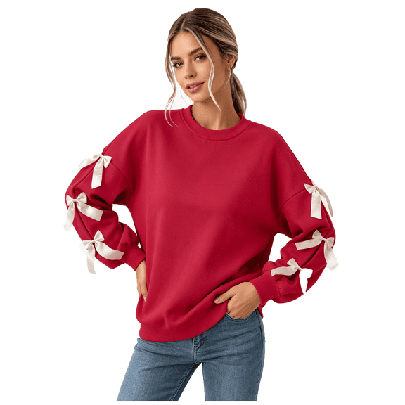 QSAWXQZ Women's Christmas Bow Sweatshirt Long Sleeve Crewneck Pullover Top for Valentine's Day Date Night Red S