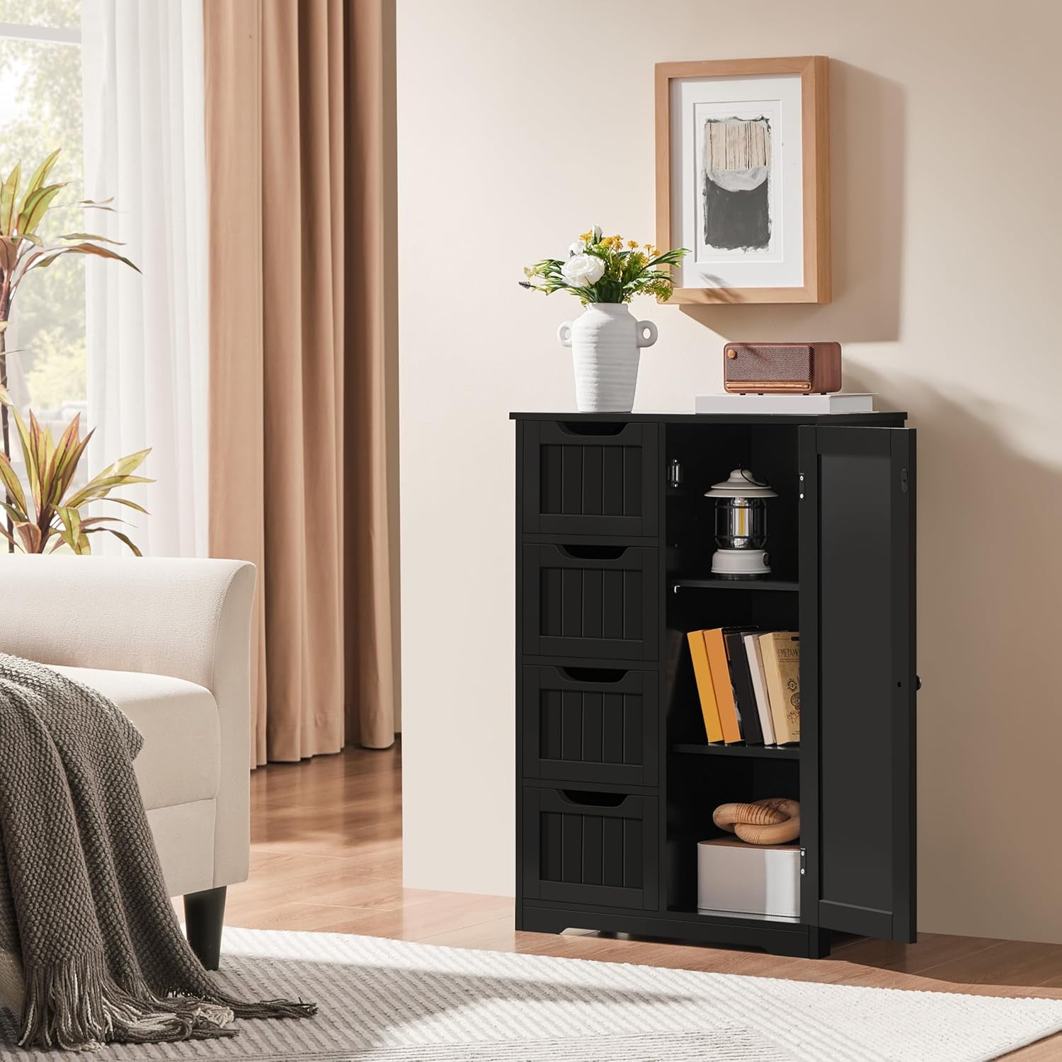 Wooden Bathroom Floor/Side Storage Organizer Cabinet with 4 Drawers and 1 Cupboard, Freestanding Entryway Storage Unit Console Table for Home Decor