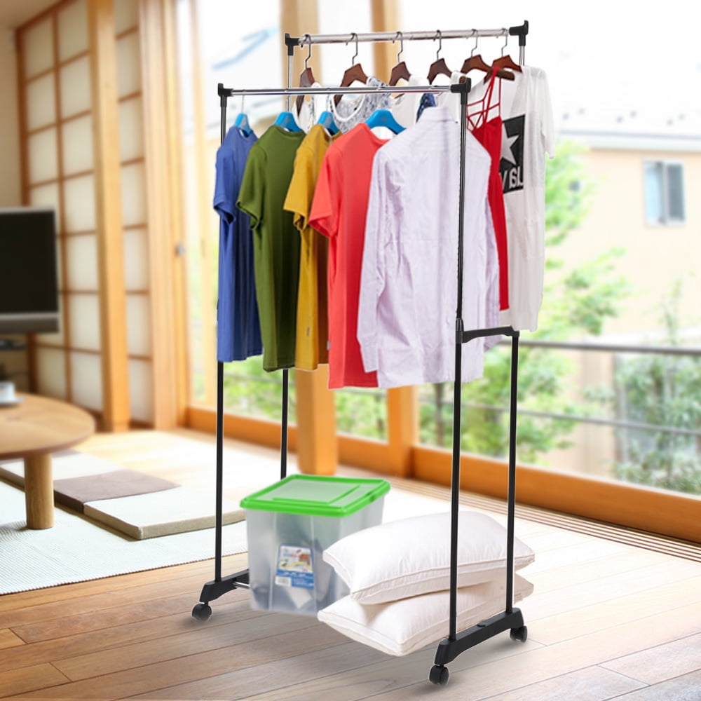 iKayaa Garment Rack Double Rail Rolling Wheel Clothes Drying Hanger US Ship D3P0 