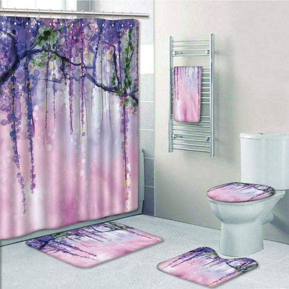 EREHome Watercolor Flower Wisteria Flowers on Blurred with Dreamy Colors 5 Piece Bathroom Set Shower Curtain Bath Towel Bath Rug Contour Mat and Toilet Lid Cover