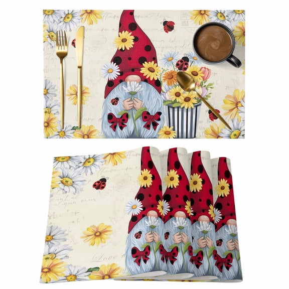 Gnomes Placemats Set of 8, White Yellow Daisy Floral Country Garden Floral Placemats for Dining Table, Place Mats for Kitchen Tabletop, Waterproof Wipeable Dining Table Mats Set