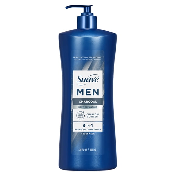 Suave Men Deep Cleansing 3-in-1 Shampoo, Conditioner & Body Wash with Charcoal, 28 FL OZ