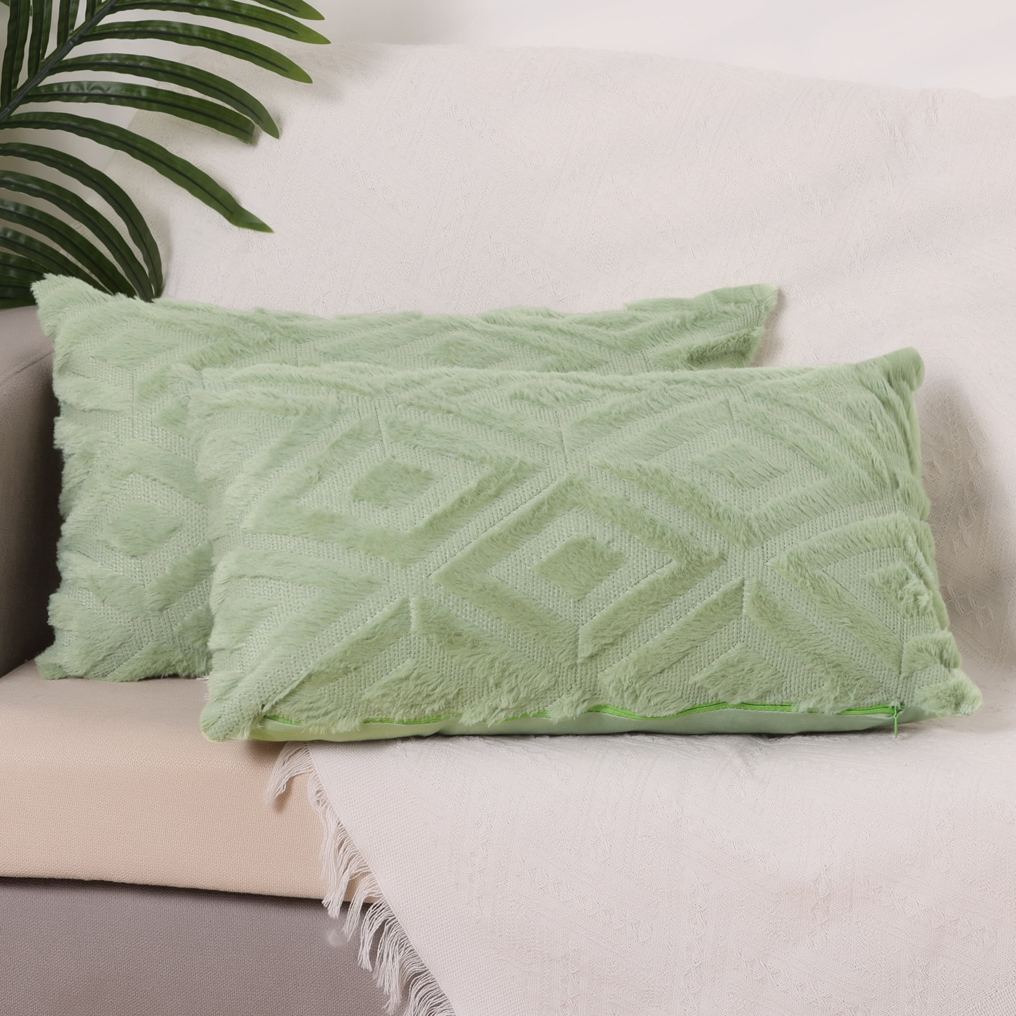 Unique Bargains Shaggy Plush Throw Pillow Covers Couch Pillow Covers (2 Count) Green-1 12" x 20"