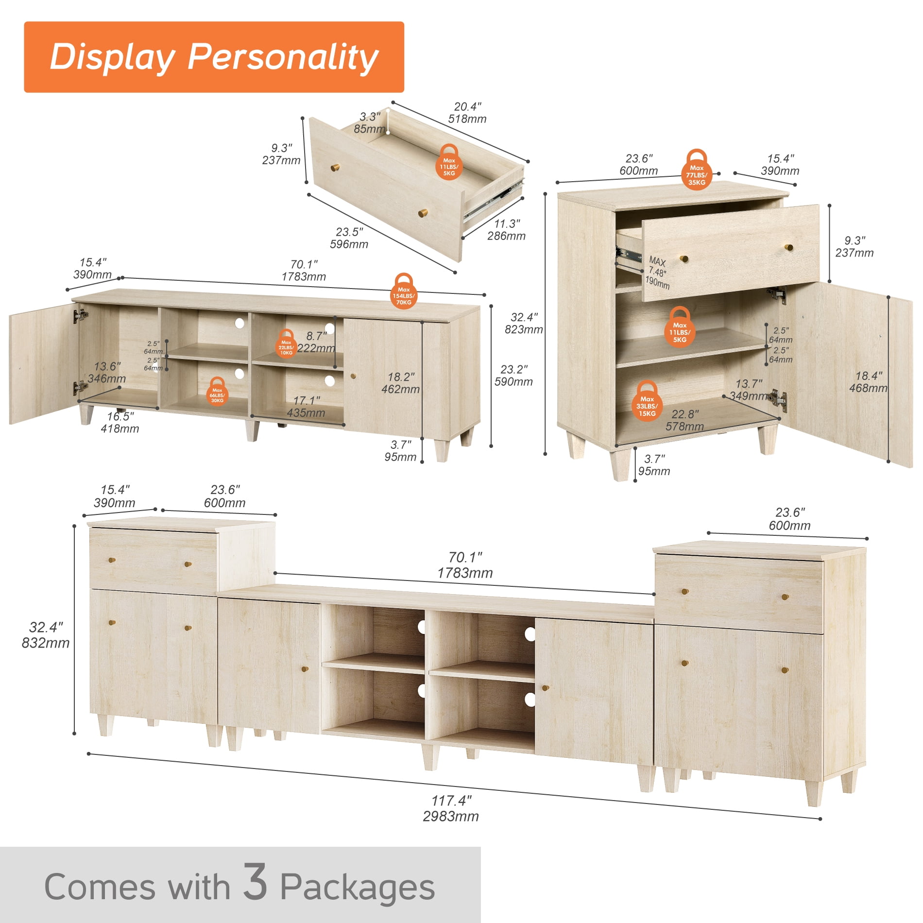 WAMPAT 3-in-1 TV Stand with Cabinets and Drawers, Modern Wood Entertainment Center Media Console for 75+ inch TVs, Light Oak