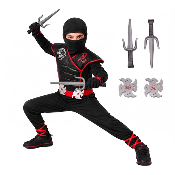 Morph Kids Black Ninja Costume Toys Boys Girls Samurai Warrior Book Week Halloween Red/Black XL