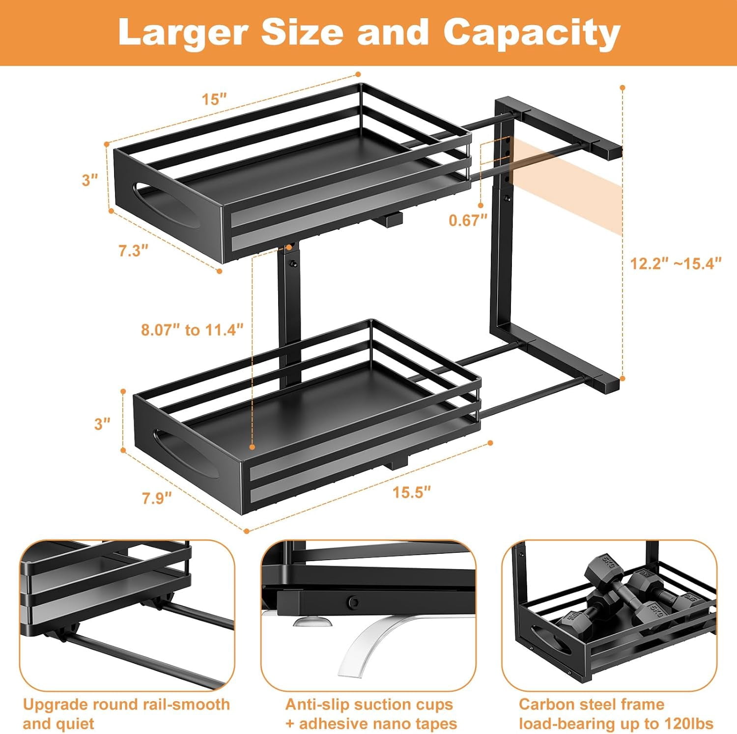 Under Sink Organizer, 2 Tier Organizers and Storage, Adjustable Height, Slide out Metal Cabinet Organizers, Pull Storage Drawer Shelf for Kitchen Bathroom (Black, 1 Pack)