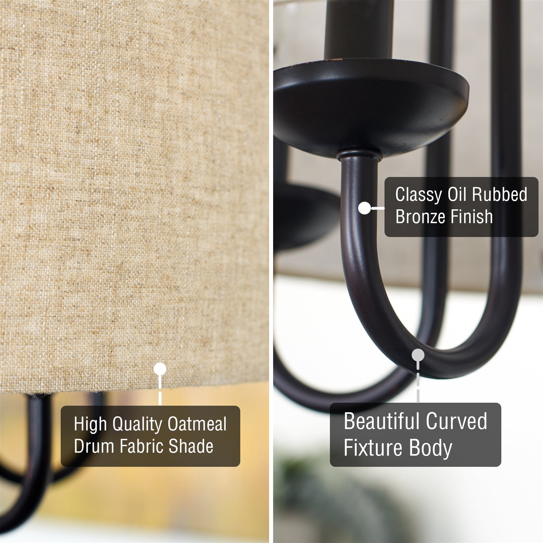 Kira Home Gwenyth 20" Farmhouse Drum Chandelier, Oatmeal Linen Shade, Rustic Arched Metal Hanging, Oil Rubbed Bronze