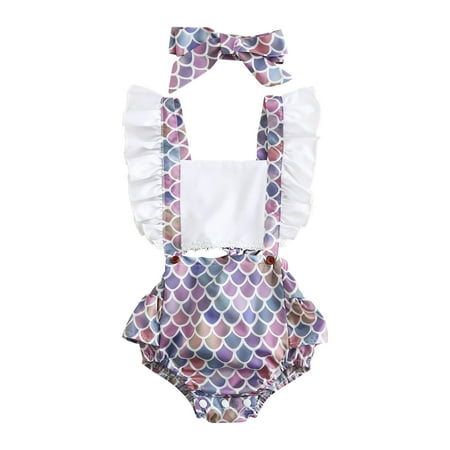 

Sunisery Infant Baby Girls Jumpsuit Print Fly Sleeve Bow Back Summer Playsuit+Headband Summer 2Pcs Outfit Light purple 0-6 Months