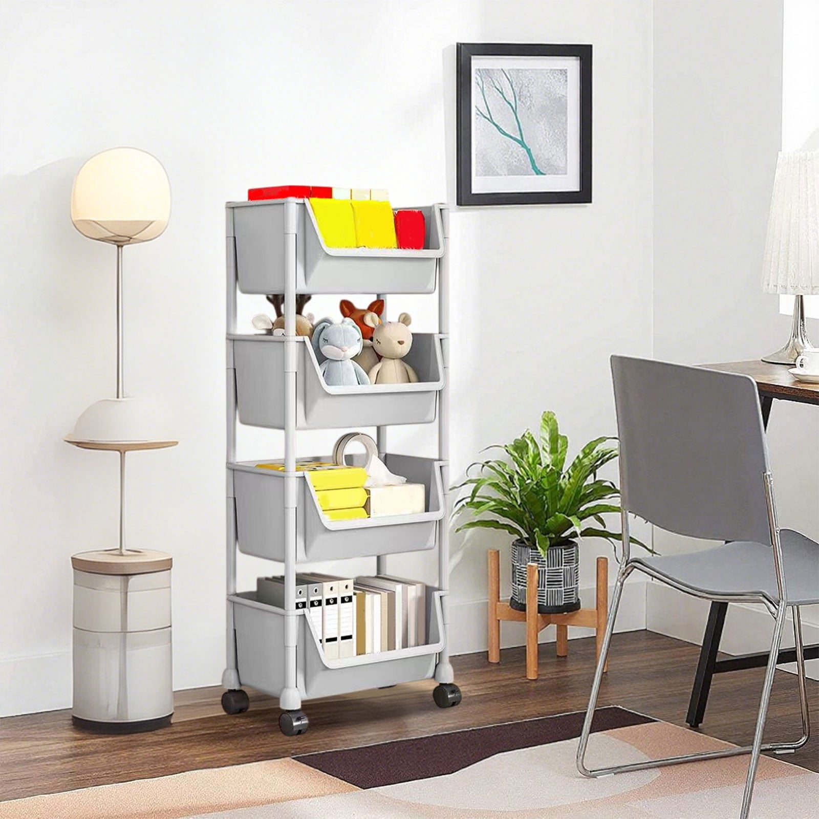 Mobile Under Desk Storage Cart, Rolling Desk Organizer, Multi-Tier Plastic Storage Shelf, Dormitory Bookcase, Multi-Functional Stationery Storage Rack for Home Office, Gray