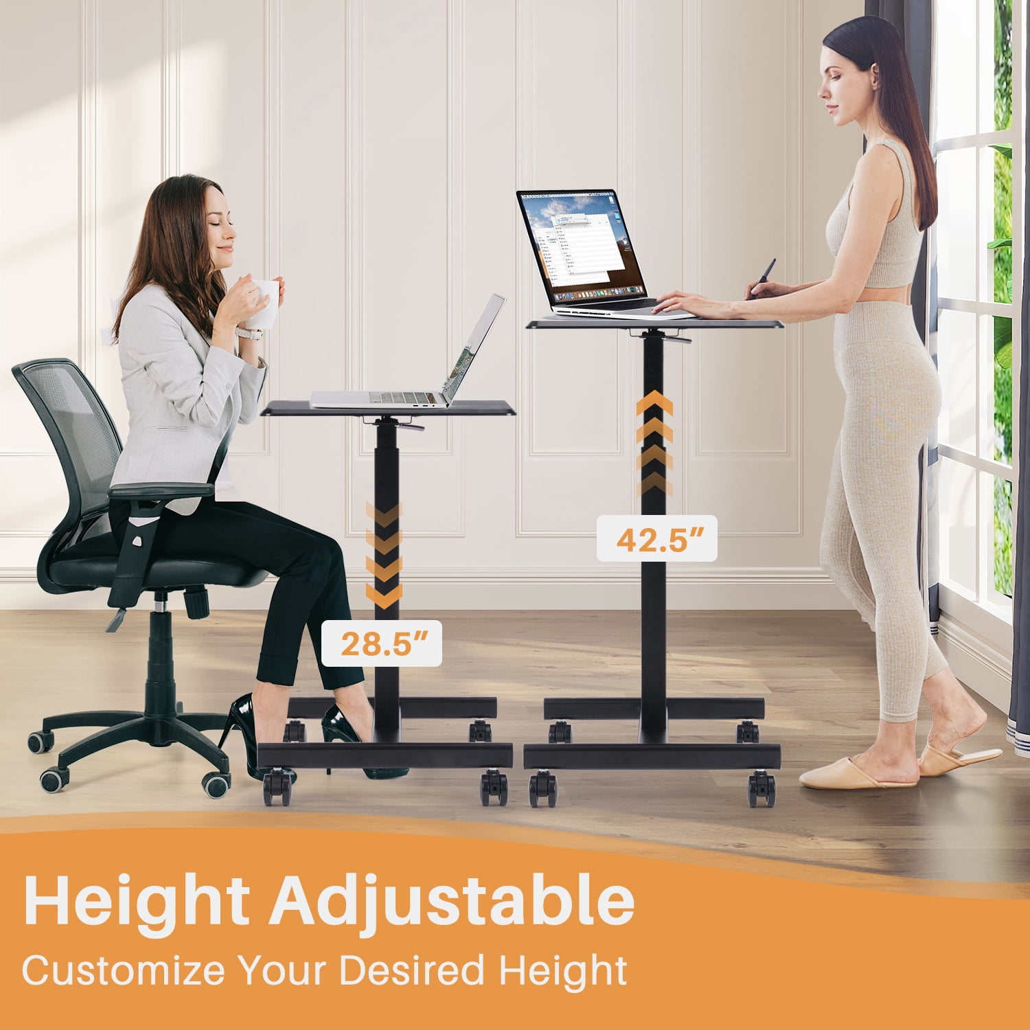 Mobile Small Standing Desk, Sit-Stand Portable Laptop Table with Lockable Wheels, Height Adjustable for Home Office, Black