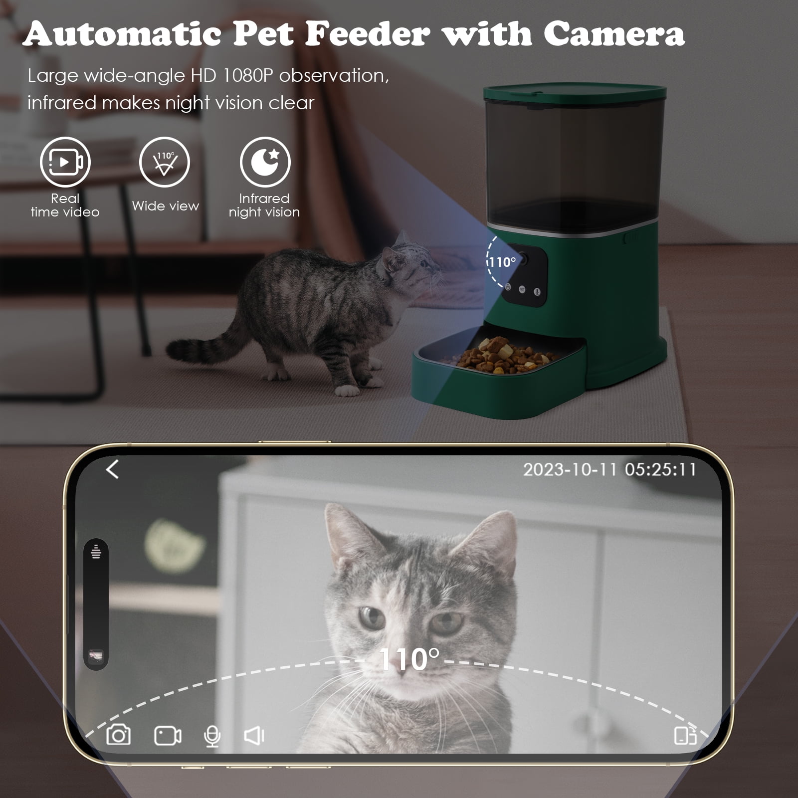 Automatic Pet Feeder with Camera, 2.4G WiFi APP Control, Timed Feeding, 6L Capacity for Cats and Dogs, Green