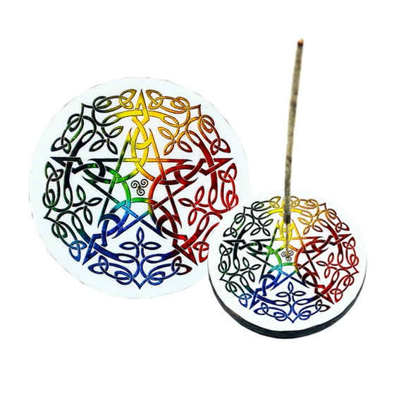 Pentacle Round Wooden Ash Catcher Incense Stick Holder Stand 4"