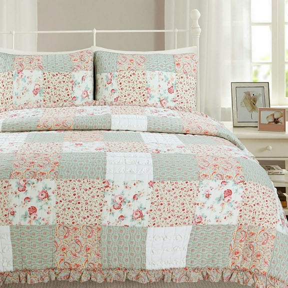 Cozy Line Ainsley Pink Patchwork 100% Cotton Quilt Set, Coral Green Lace Sweet Floral Real Patchwork (Sweet Roses, Twin - 2 Piece)