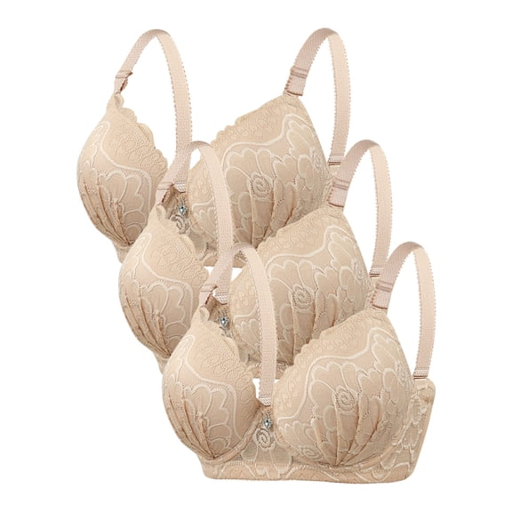 WREESH 3 Pack Push-Up Bra Women Solid Color Underwire Bras Oversized Gathering Underwear Daily Bra Underwear Beige