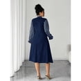 thumbnail image 2 of Navy Blue Plus Size Womens Elegant Long Sleeve Striped Tie-Neck Flared A-Line Dress For Autumn Winter Outings, 2 of 8