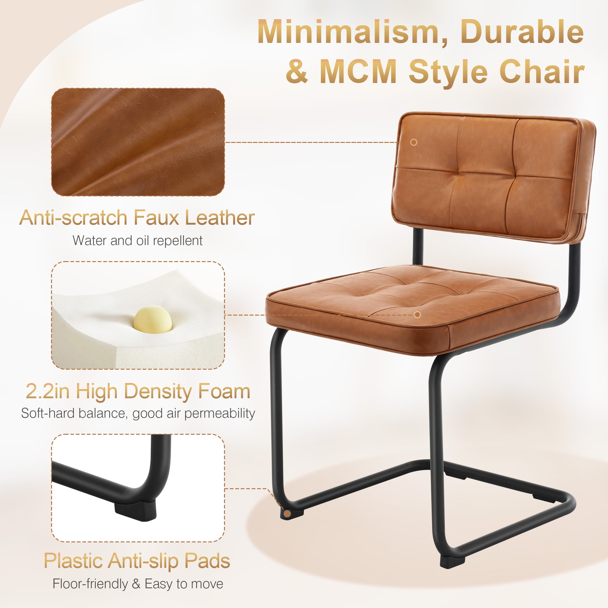 ONEVOG 19.3'' Mid-Century Modern Dining Chairs Set of 2, Faux Leather Cantilever Kitchen Chairs with Matt Black Legs for Kitchen Dining room, Brown