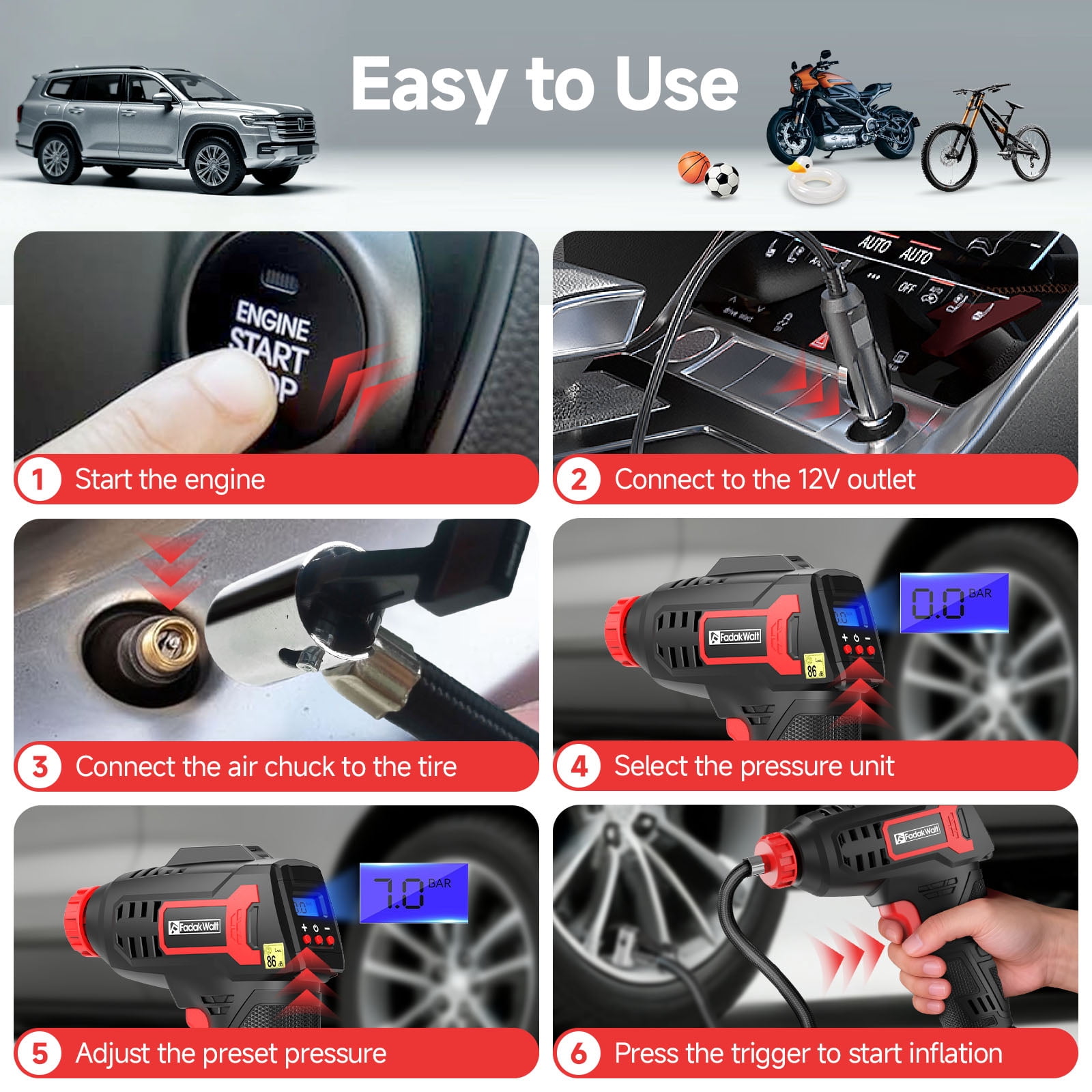 FADAKWALT Tire Inflator Portable Air Compressor, 20V Cordless Car Tire Pump, 160PSI Handheld Electric Air Pump with Rechargeable Battery, Auto Shutoff & Digital Gauge for Cars & Motorcycles(Red)