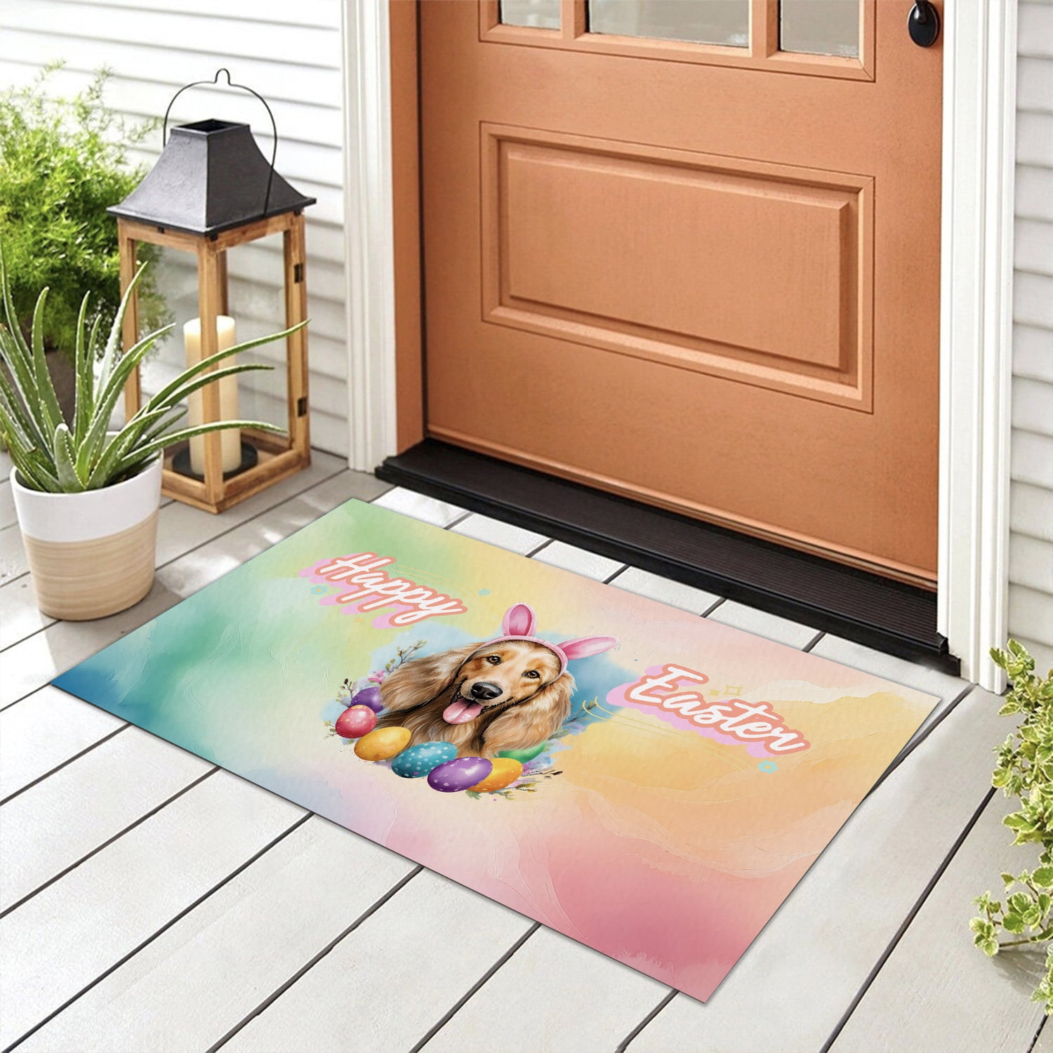 Happy Easter Afghan Hound with Bunny Ear Headband and Flowers Doormat Dog Lover Indoor Outdoor Welcome Mat - 13001