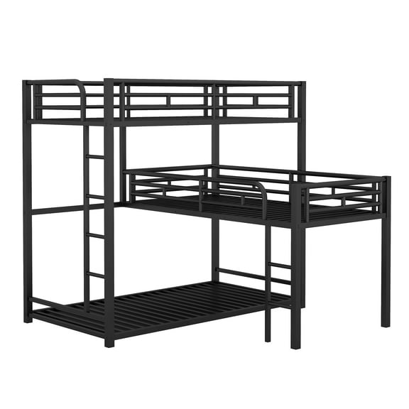 L-shaped metal triple twin size bunk bed Black