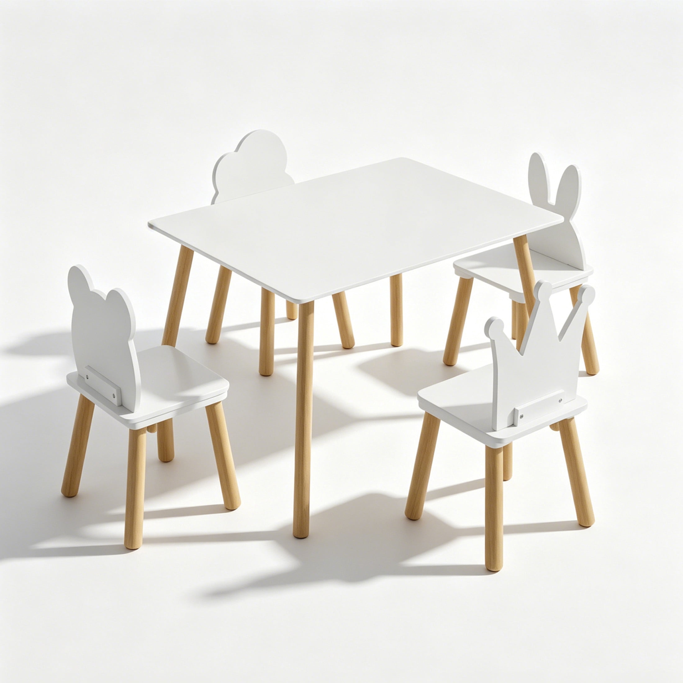Noble House Kilby 5-Piece Kids Toddler Table & 4 Chairs Set, Animal Backrest Wooden Activity Play Set, White & Natural