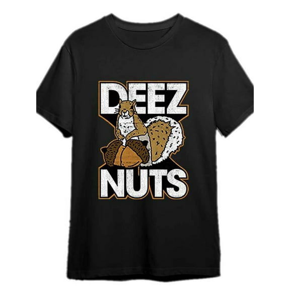 Men's "Deez Nuts" Graphic T-Shirt - Funny Black Cotton Tee with Squirrel Design, Short Sleeve, Crew Neck, Machine Washable